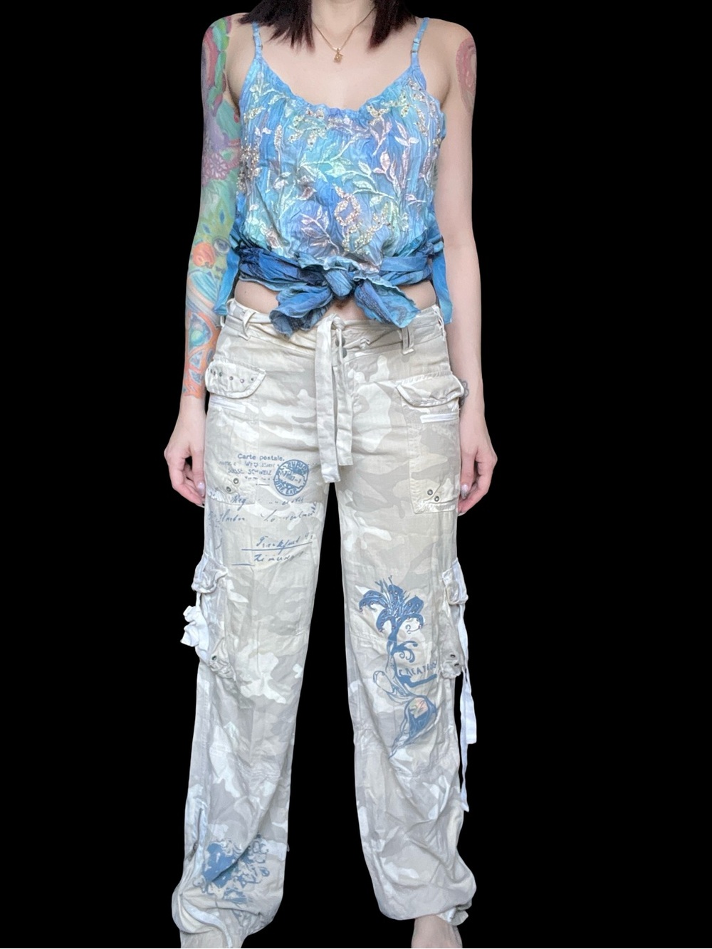 Da-Nang Vintage Y2K Surplus Indo-Chine Embroidered Rhinestone Silk Cargo Pants M